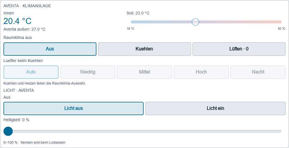 Aventa-Karte in Version 1.12 mit Kühlbetrieb, Lüfterstufen, Licht und Helligkeitsregler